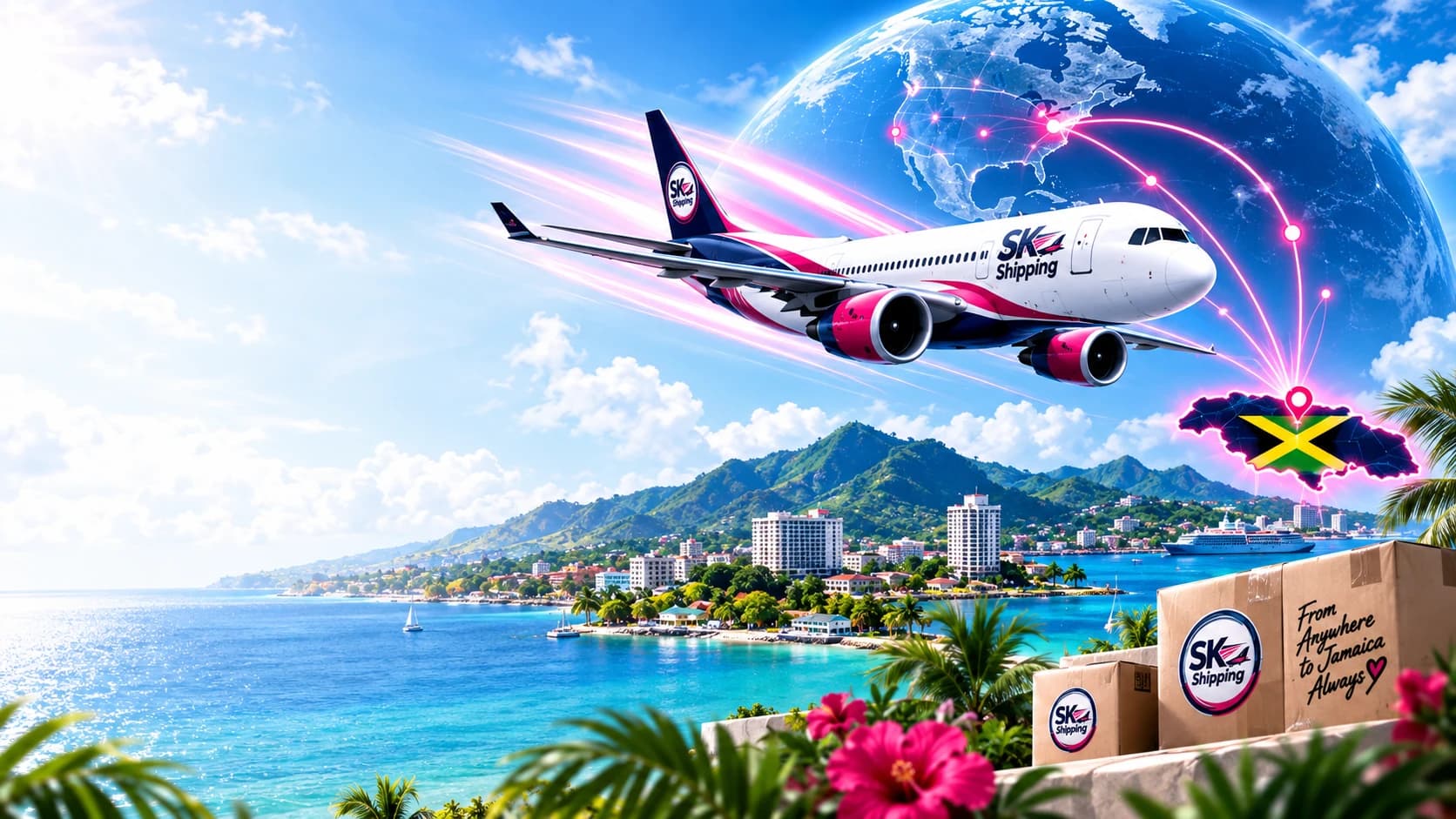 SK Shipping aircraft flying toward Jamaica
